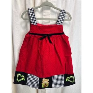 Red Corduroy Jumper Dress Black & White Hound's-tooth Trim & Teddy Bear 24 Month